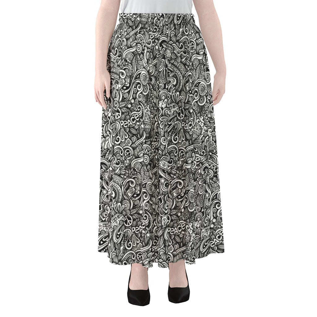 Monochrome Graffiti Hippie Pattern Print Chiffon Maxi Skirt