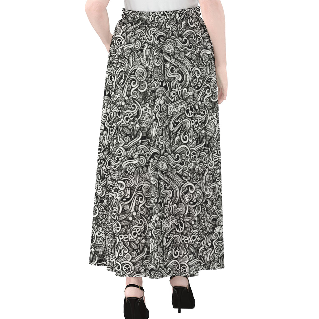 Monochrome Graffiti Hippie Pattern Print Chiffon Maxi Skirt