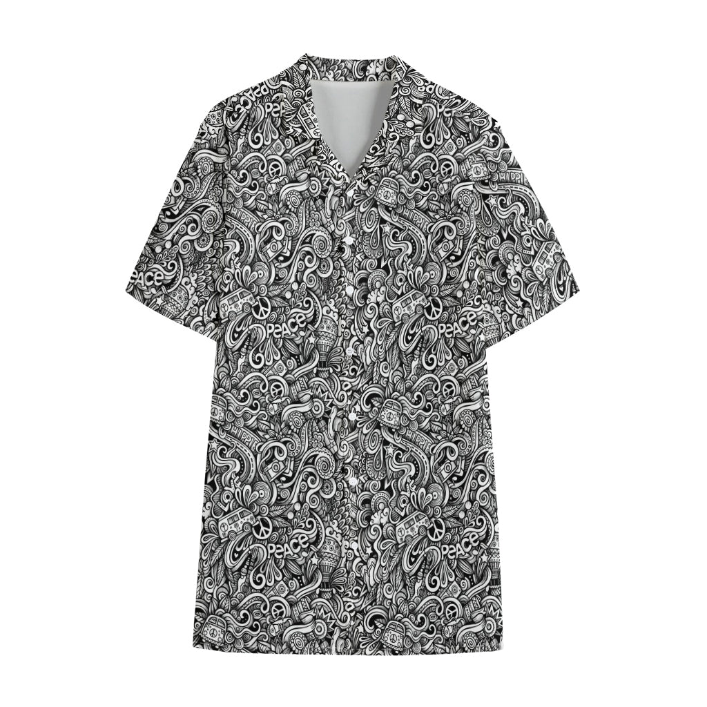 Monochrome Graffiti Hippie Pattern Print Cotton Hawaiian Shirt