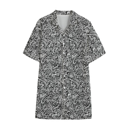 Monochrome Graffiti Hippie Pattern Print Cotton Hawaiian Shirt