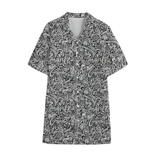 Monochrome Graffiti Hippie Pattern Print Cotton Hawaiian Shirt