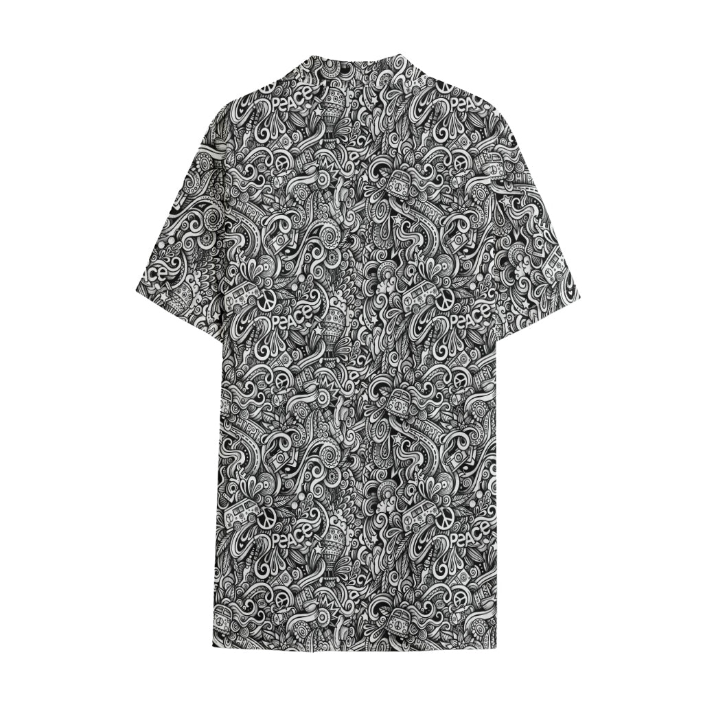 Monochrome Graffiti Hippie Pattern Print Cotton Hawaiian Shirt