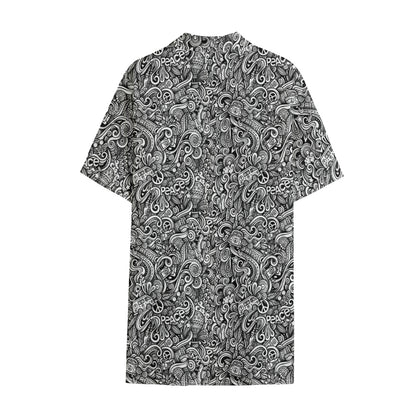 Monochrome Graffiti Hippie Pattern Print Cotton Hawaiian Shirt