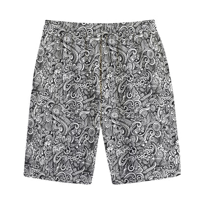 Monochrome Graffiti Hippie Pattern Print Cotton Shorts