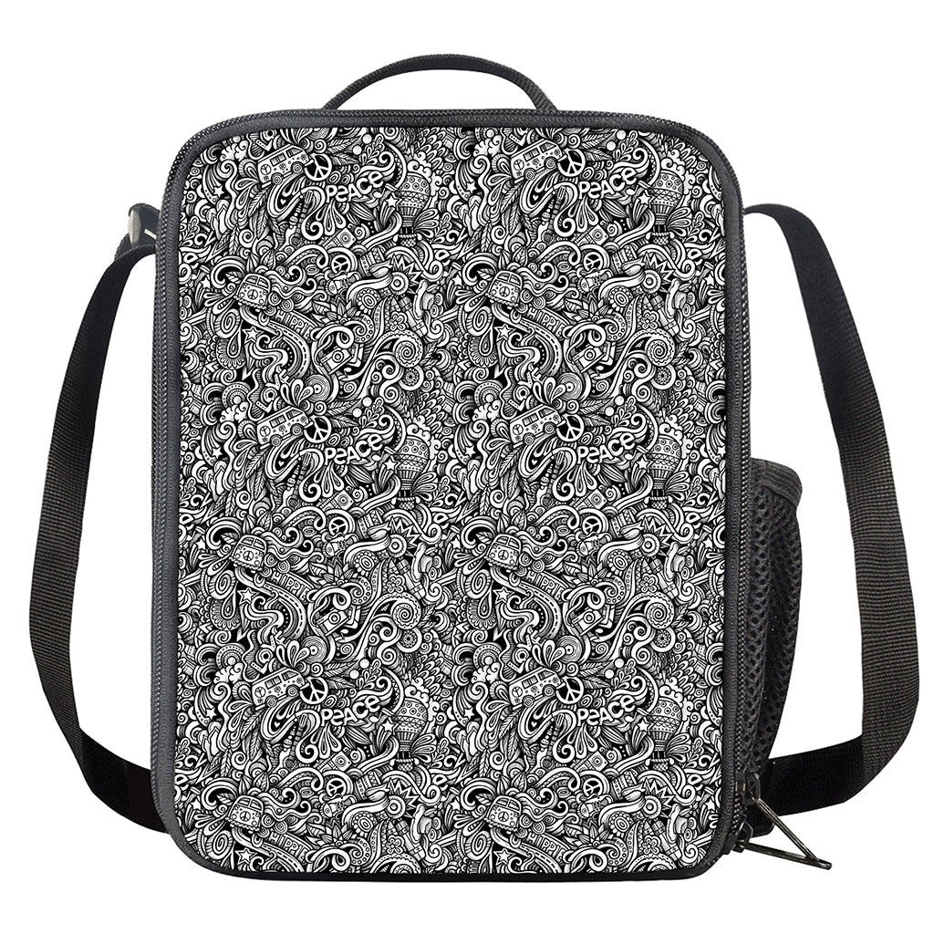 Monochrome Graffiti Hippie Pattern Print Crossbody Lunch Bag