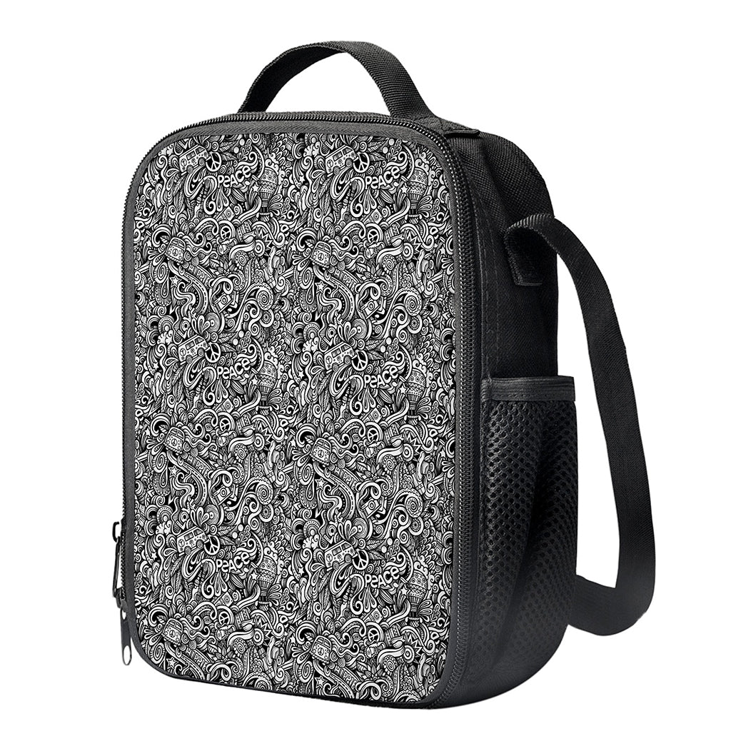 Monochrome Graffiti Hippie Pattern Print Crossbody Lunch Bag