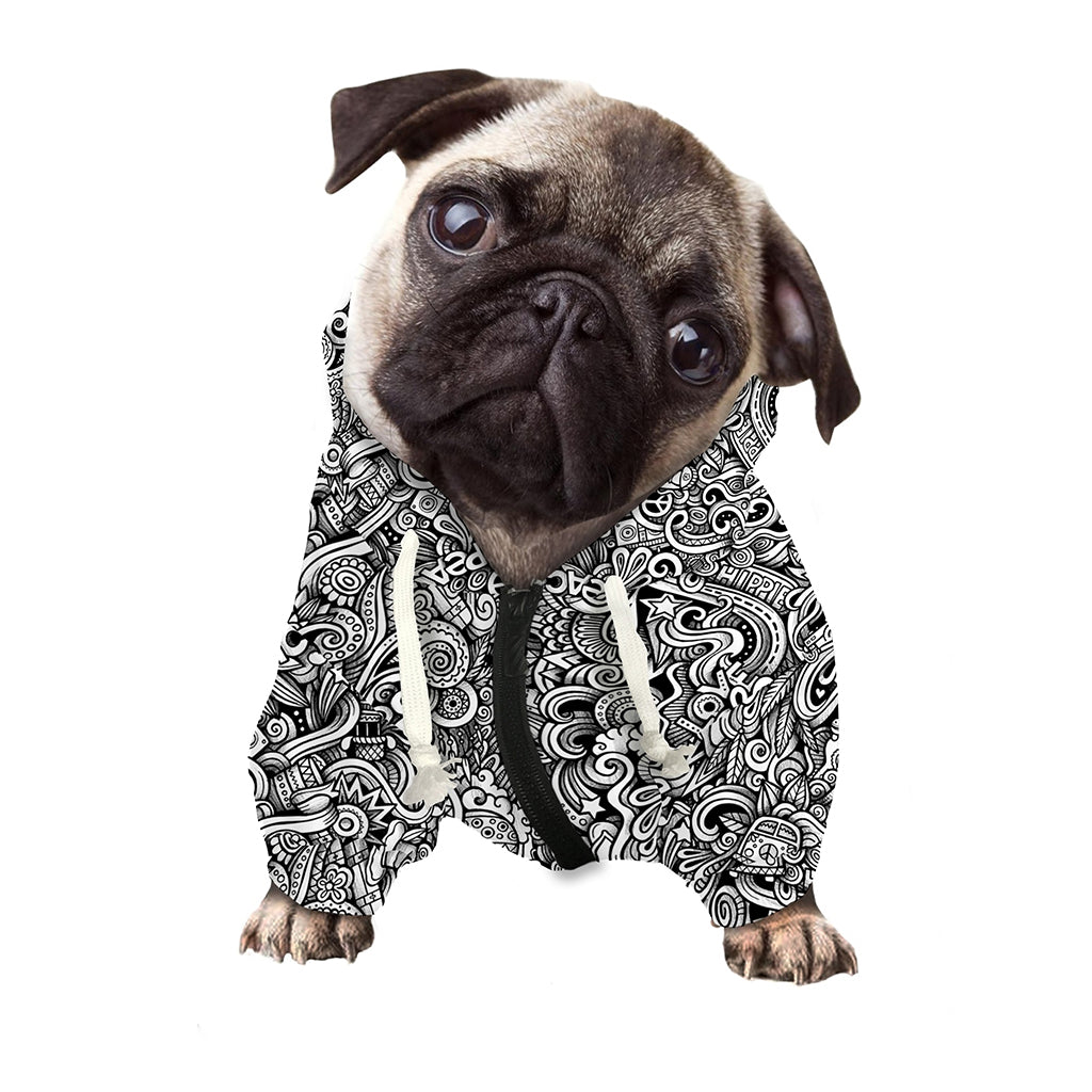Monochrome Graffiti Hippie Pattern Print Dog Zip Up Hoodie