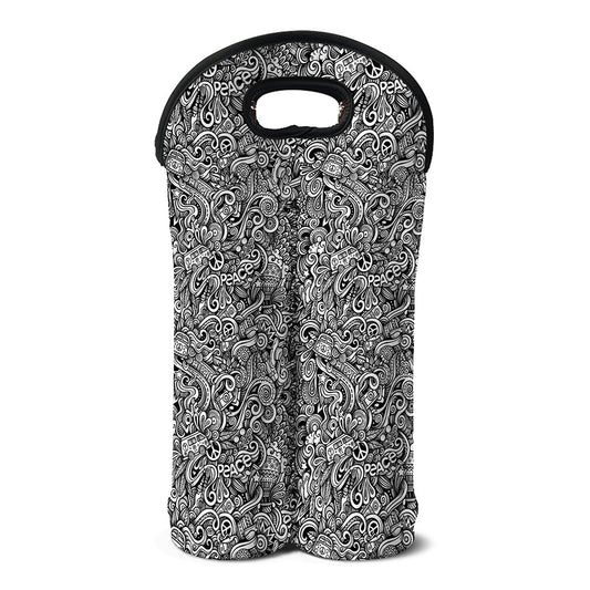 Monochrome Graffiti Hippie Pattern Print Double Neoprene Wine Tote