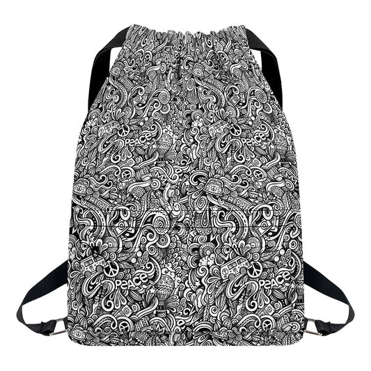 Monochrome Graffiti Hippie Pattern Print Drawstring Backpack
