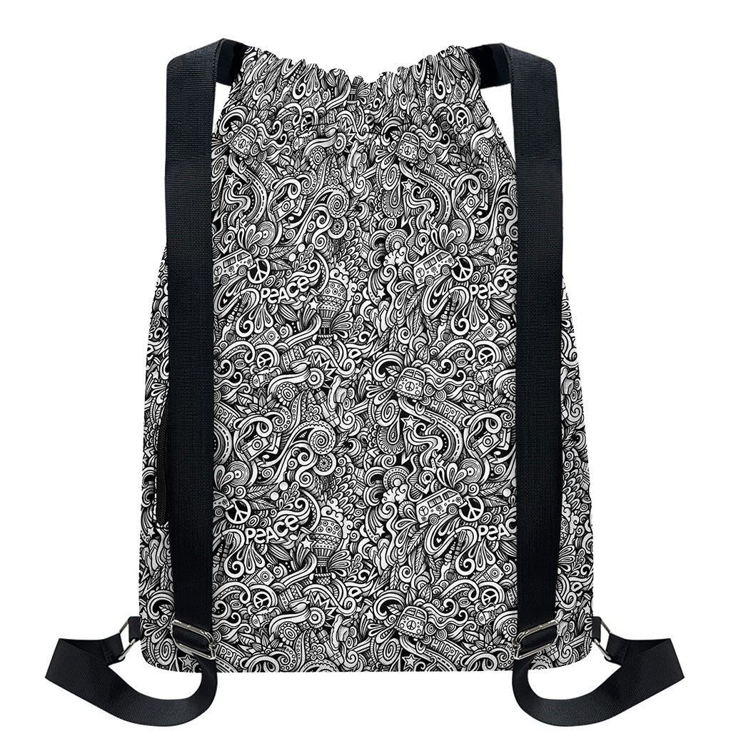 Monochrome Graffiti Hippie Pattern Print Drawstring Backpack