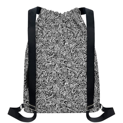 Monochrome Graffiti Hippie Pattern Print Drawstring Backpack