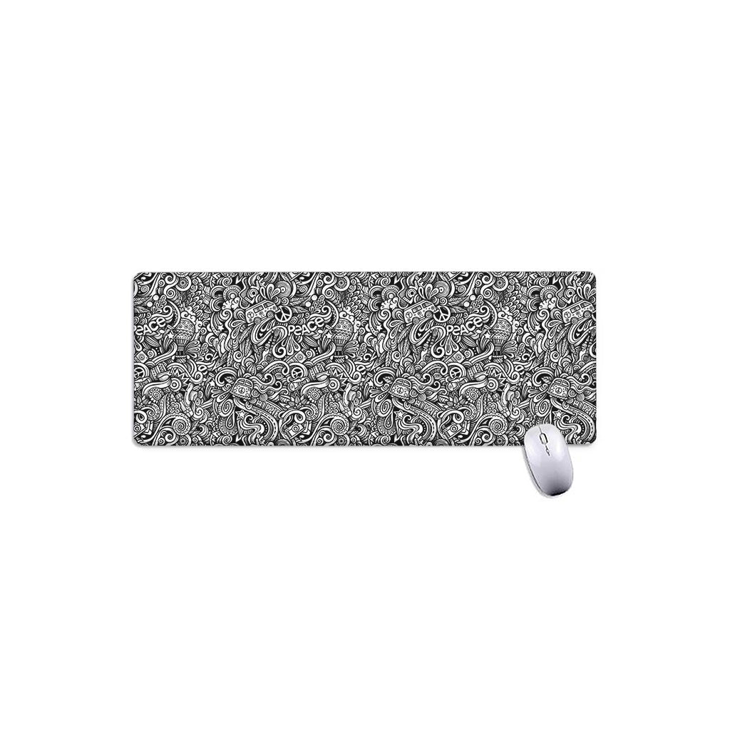 Monochrome Graffiti Hippie Pattern Print Extended Mouse Pad