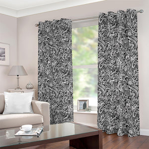 Monochrome Graffiti Hippie Pattern Print Extra Wide Grommet Curtains