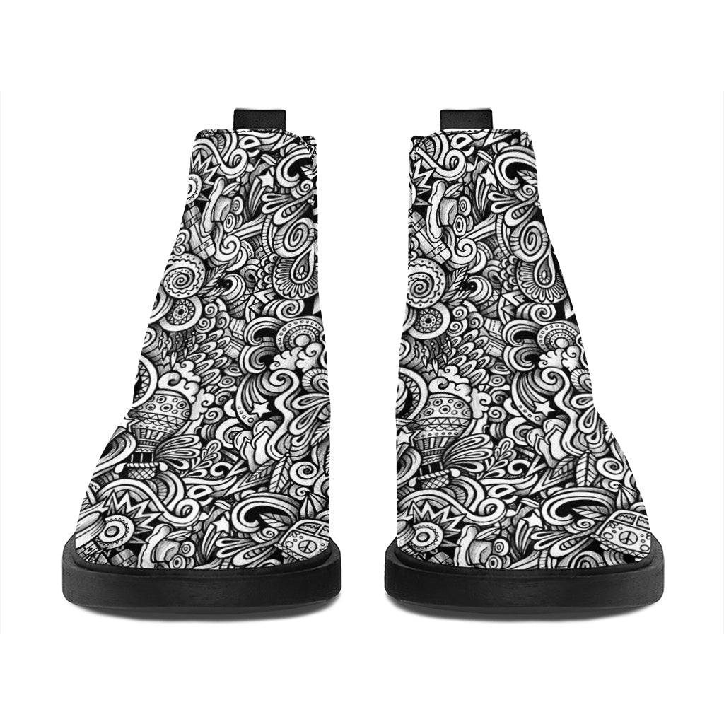 Monochrome Graffiti Hippie Pattern Print Flat Ankle Boots