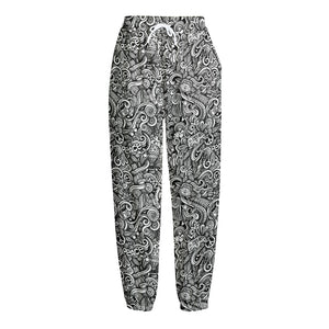 Monochrome Graffiti Hippie Pattern Print Fleece Lined Knit Pants