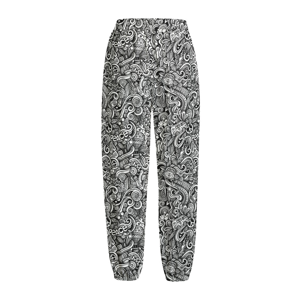 Monochrome Graffiti Hippie Pattern Print Fleece Lined Knit Pants