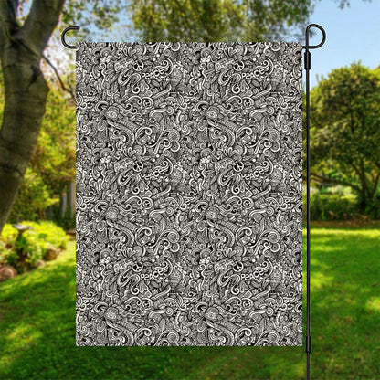 Monochrome Graffiti Hippie Pattern Print Garden Flag