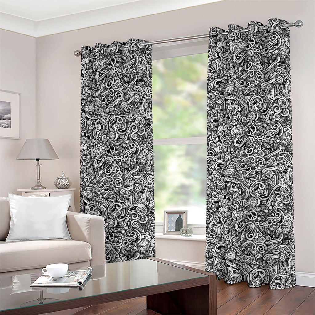 Monochrome Graffiti Hippie Pattern Print Grommet Curtains