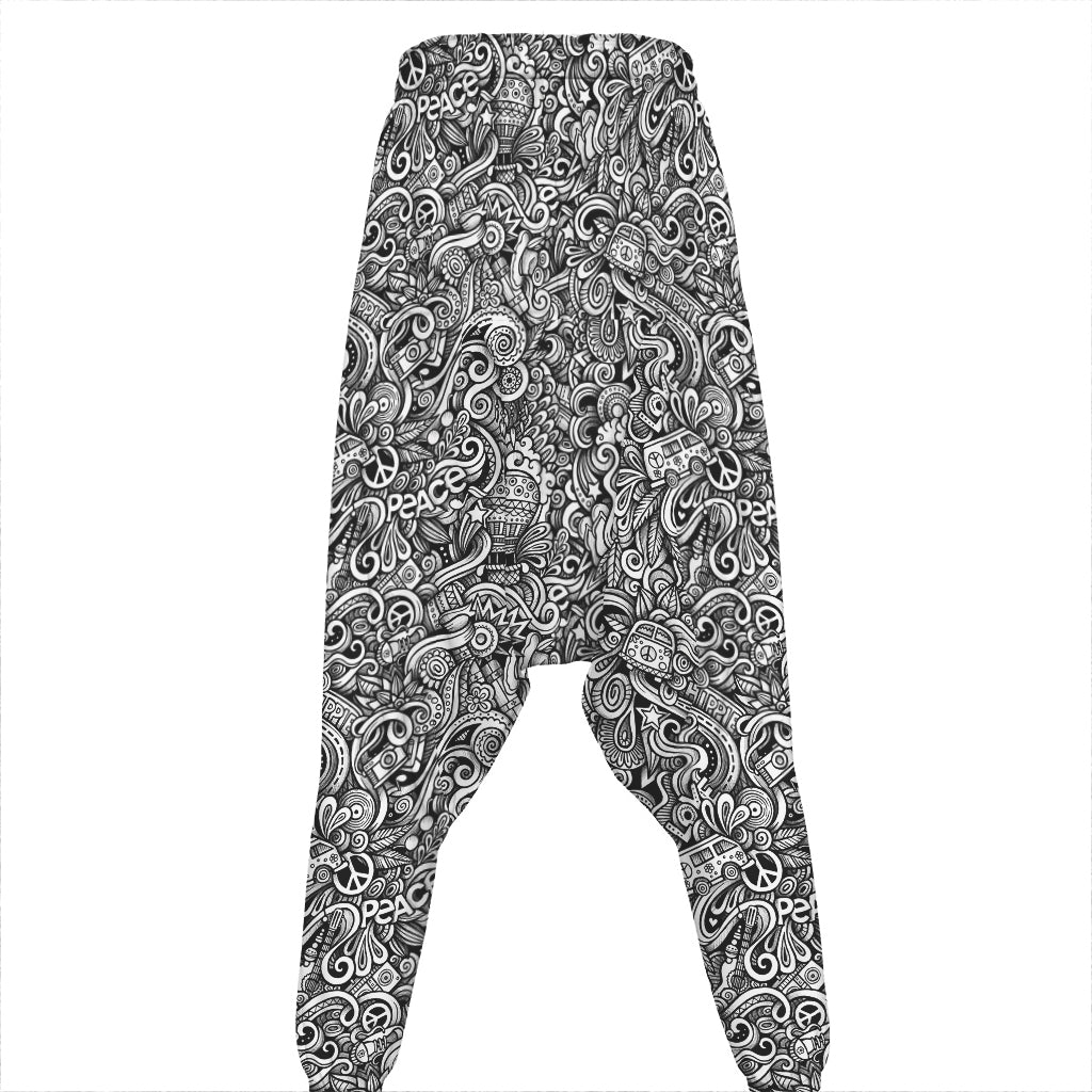 Monochrome Graffiti Hippie Pattern Print Hammer Pants