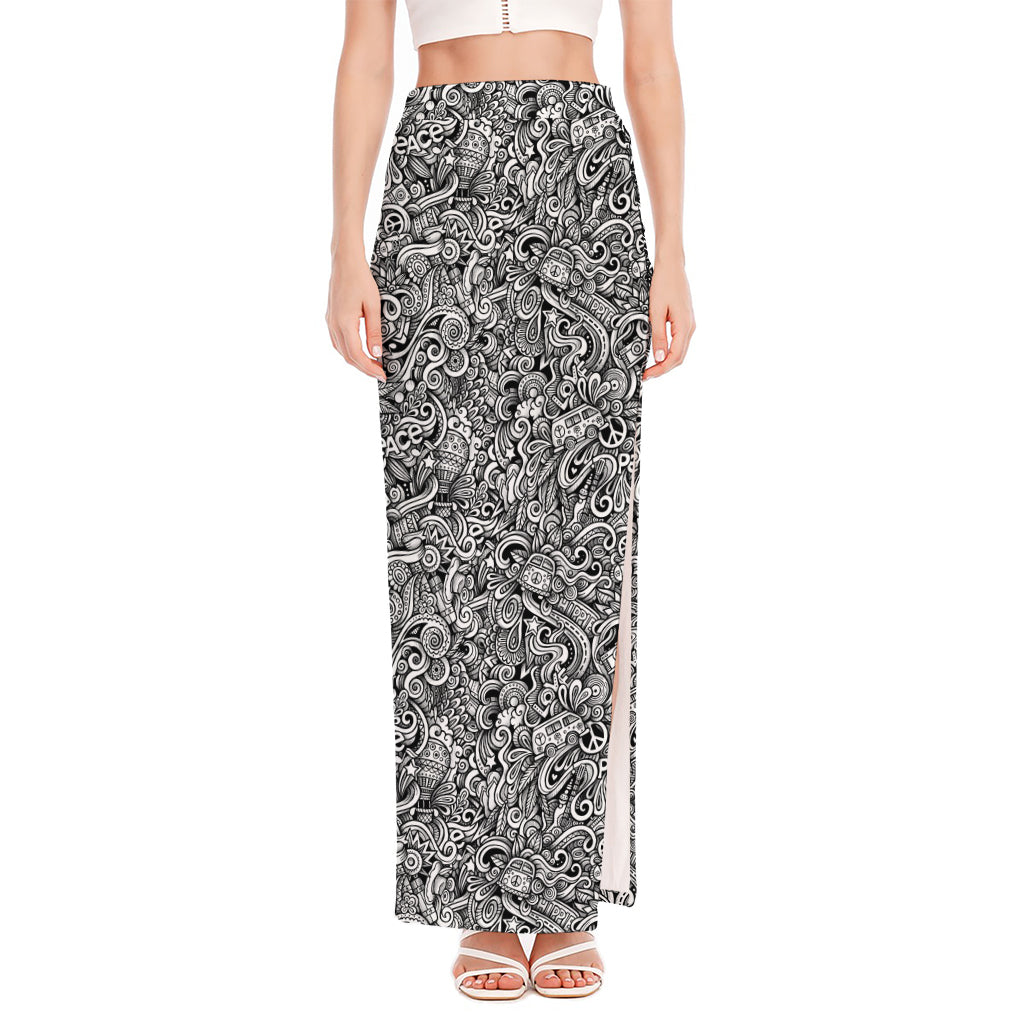 Monochrome Graffiti Hippie Pattern Print High Slit Maxi Skirt