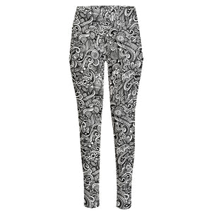 Monochrome Graffiti Hippie Pattern Print High-Waisted Pocket Leggings