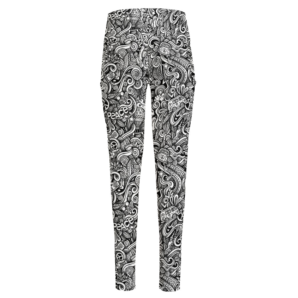 Monochrome Graffiti Hippie Pattern Print High-Waisted Pocket Leggings