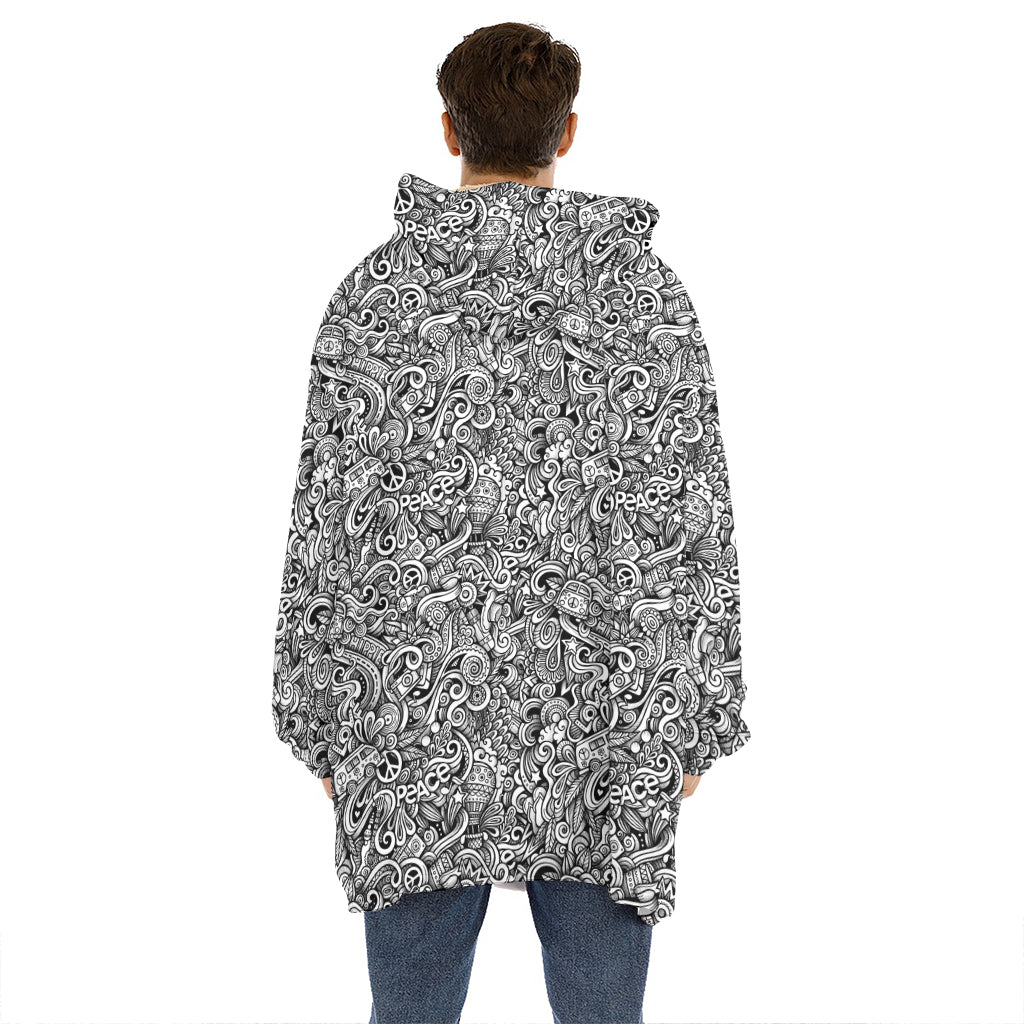 Monochrome Graffiti Hippie Pattern Print Hoodie Blanket