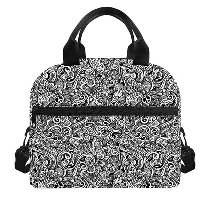 Monochrome Graffiti Hippie Pattern Print Insulated Lunch Bag