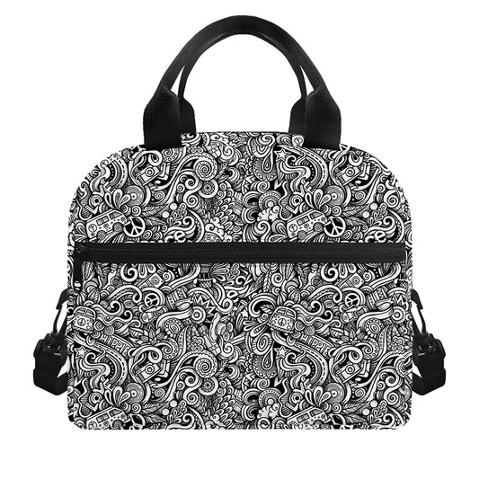 Monochrome Graffiti Hippie Pattern Print Insulated Lunch Bag