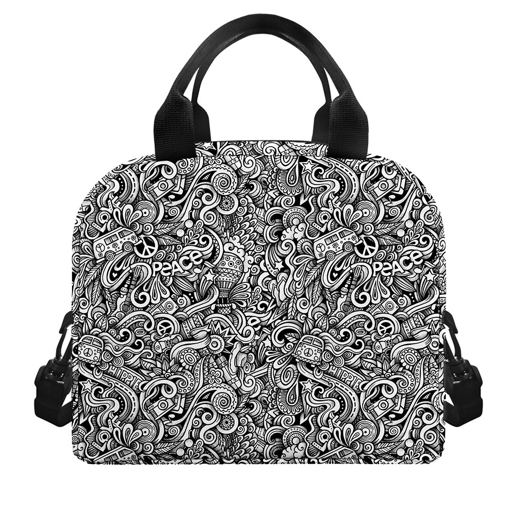 Monochrome Graffiti Hippie Pattern Print Insulated Lunch Bag