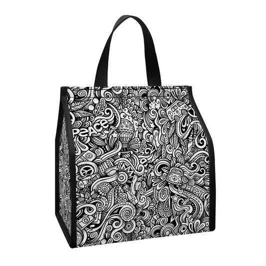 Monochrome Graffiti Hippie Pattern Print Insulated Lunch Tote