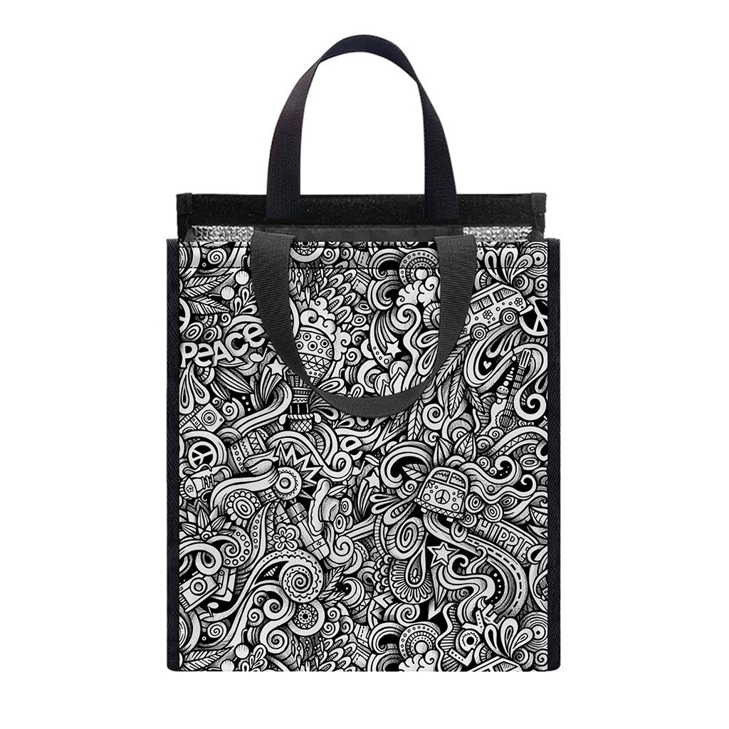 Monochrome Graffiti Hippie Pattern Print Insulated Lunch Tote