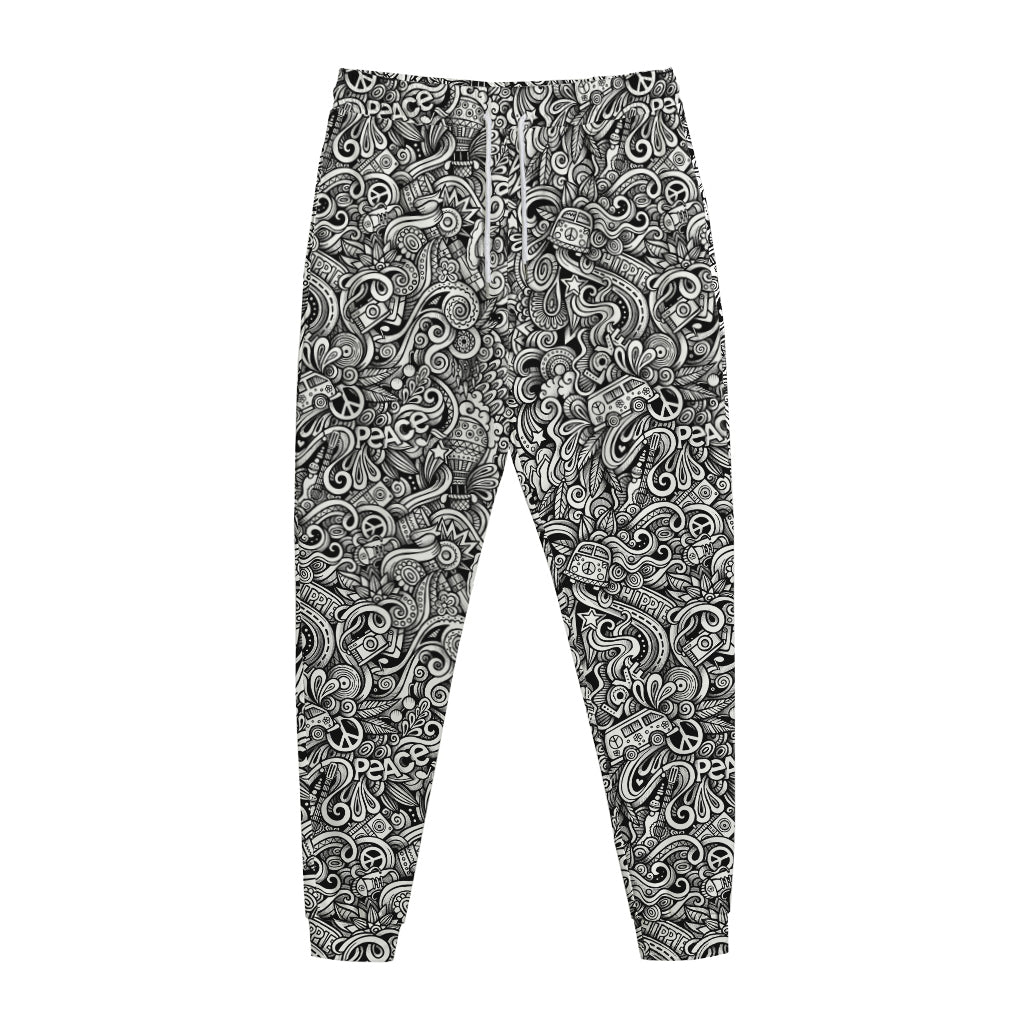 Monochrome Graffiti Hippie Pattern Print Jogger Pants