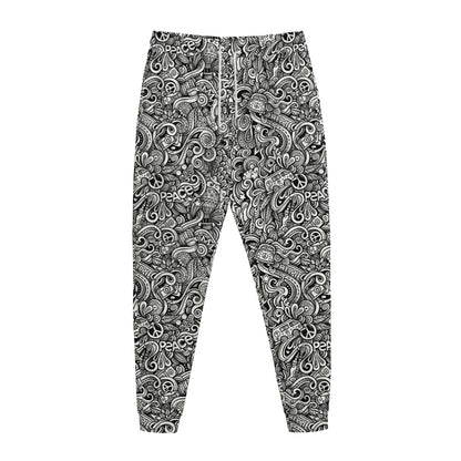Monochrome Graffiti Hippie Pattern Print Jogger Pants