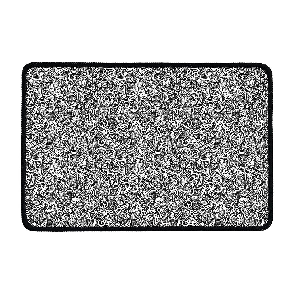 Monochrome Graffiti Hippie Pattern Print Kitchen Mat