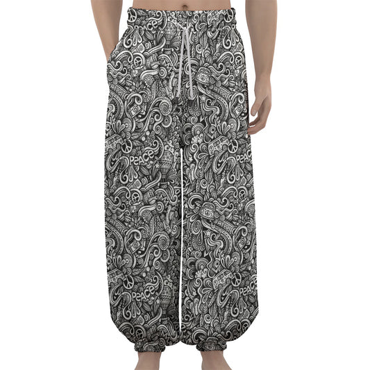 Monochrome Graffiti Hippie Pattern Print Lantern Pants