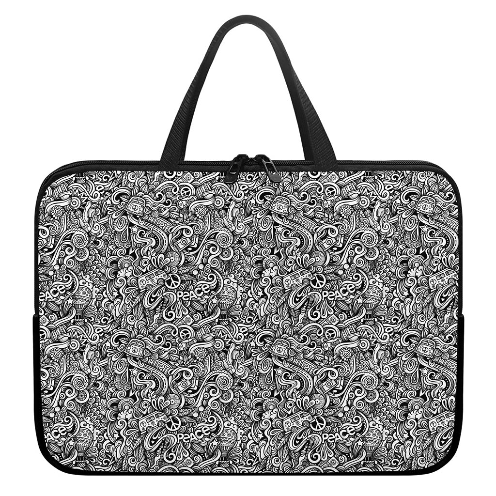 Monochrome Graffiti Hippie Pattern Print Laptop Sleeve With Handle