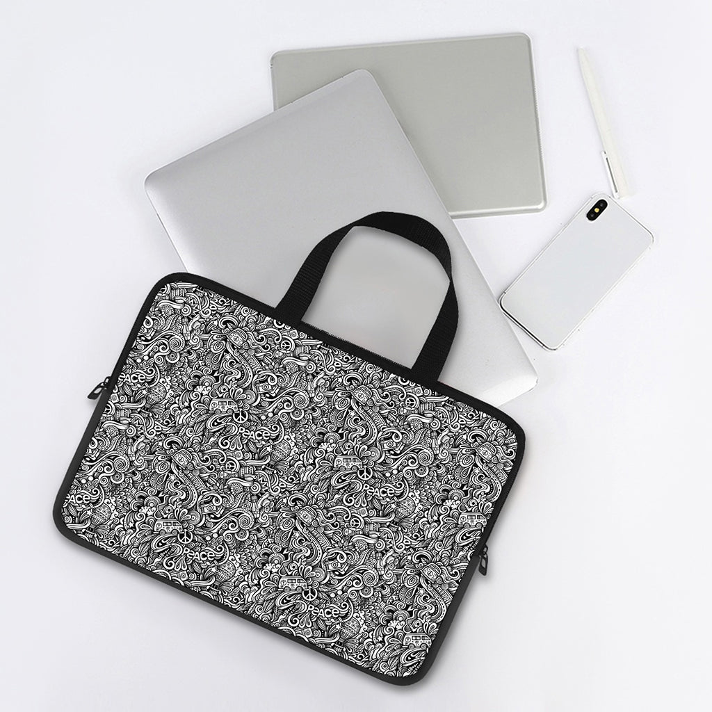 Monochrome Graffiti Hippie Pattern Print Laptop Sleeve With Handle