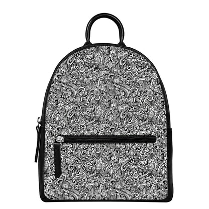 Monochrome Graffiti Hippie Pattern Print Leather Backpack