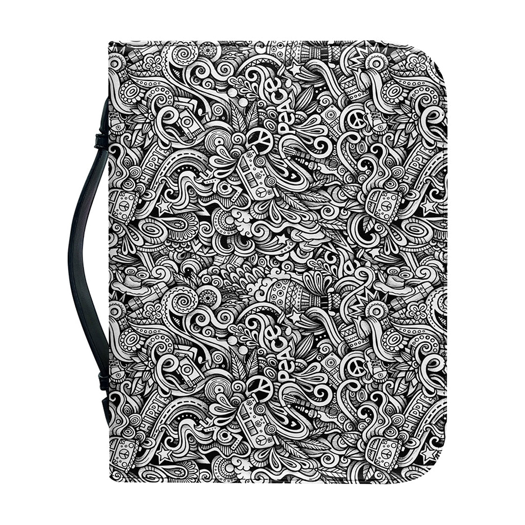 Monochrome Graffiti Hippie Pattern Print Leather Bible Cover