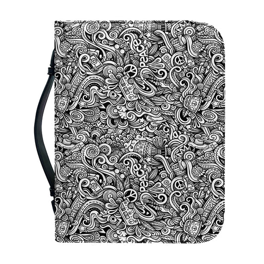 Monochrome Graffiti Hippie Pattern Print Leather Bible Cover