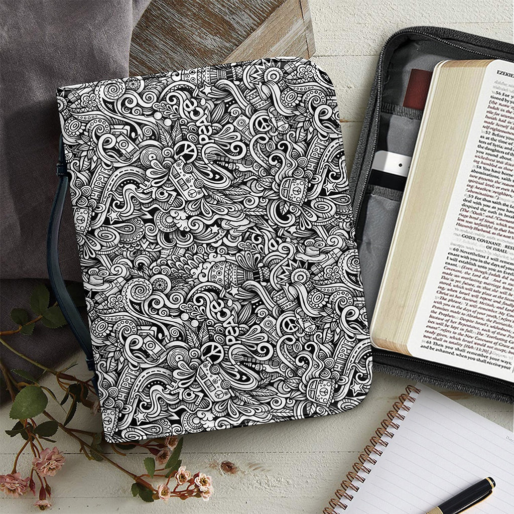 Monochrome Graffiti Hippie Pattern Print Leather Bible Cover