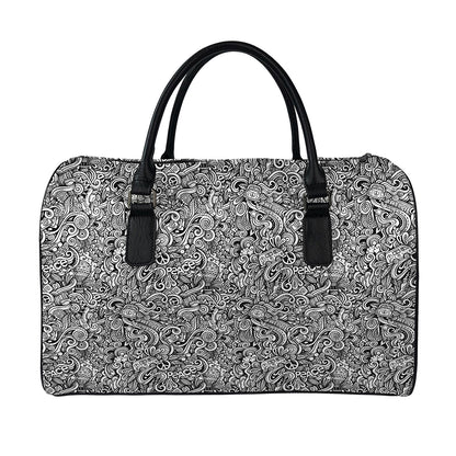 Monochrome Graffiti Hippie Pattern Print Leather Duffle Bag