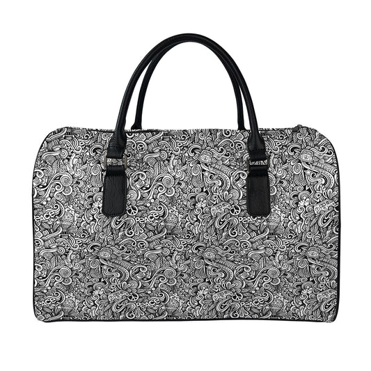 Monochrome Graffiti Hippie Pattern Print Leather Duffle Bag