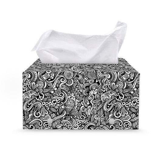 Monochrome Graffiti Hippie Pattern Print Leather Tissue Box Cover