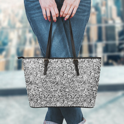 Monochrome Graffiti Hippie Pattern Print Leather Tote Bag