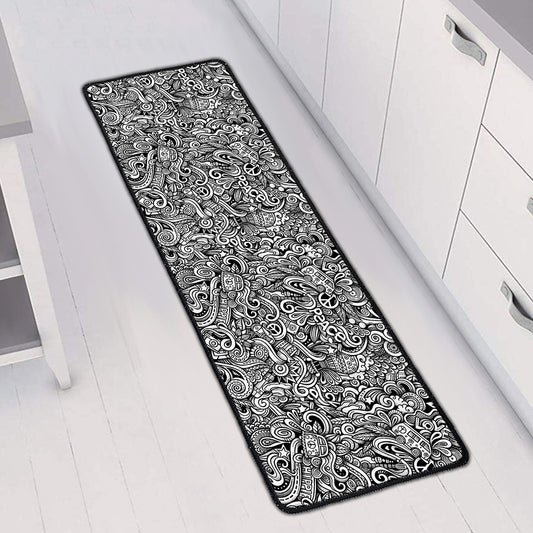 Monochrome Graffiti Hippie Pattern Print Long Kitchen Mat