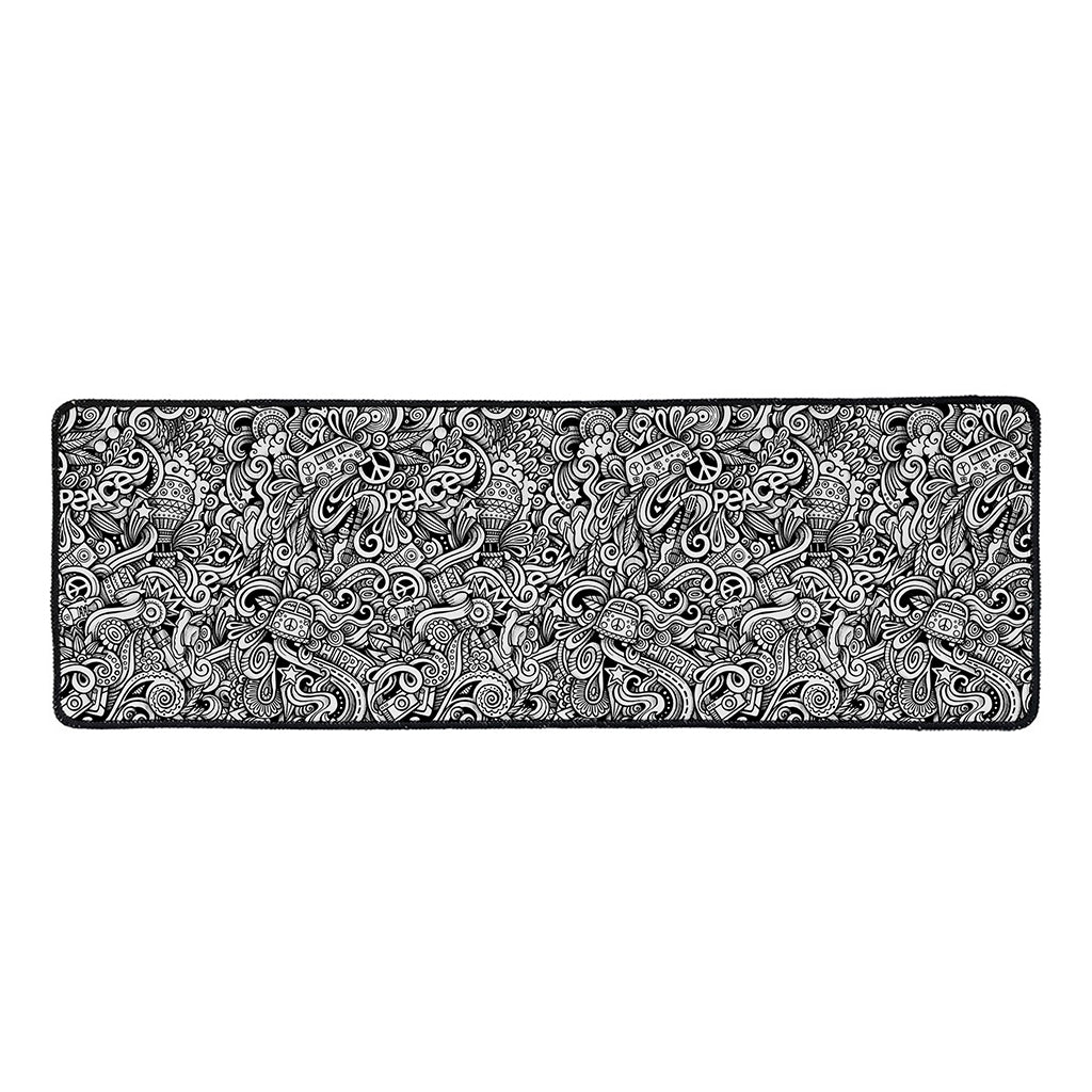 Monochrome Graffiti Hippie Pattern Print Long Kitchen Mat