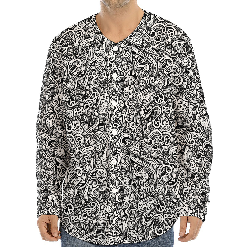 Monochrome Graffiti Hippie Pattern Print Long Sleeve Baseball Jersey