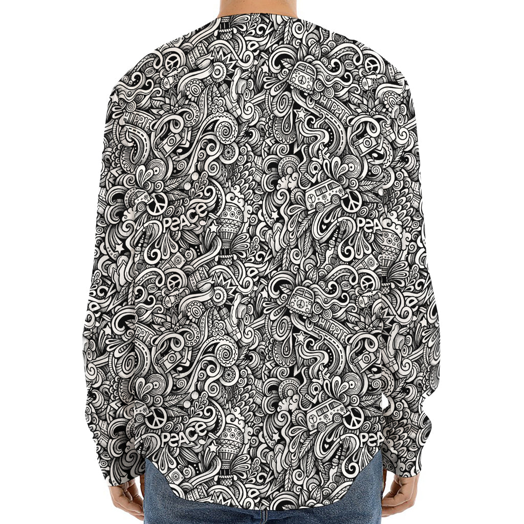 Monochrome Graffiti Hippie Pattern Print Long Sleeve Baseball Jersey